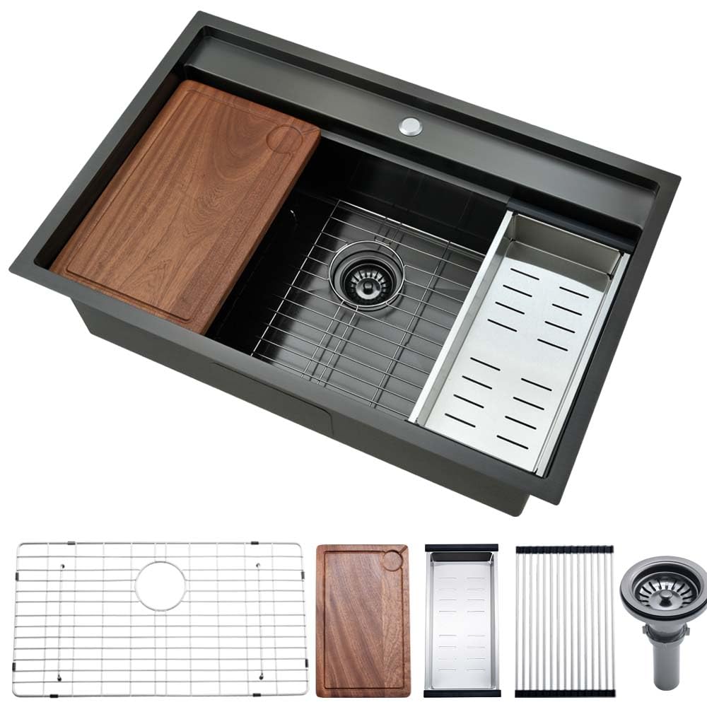 Photo 1 of 32 Inch Black Drop In Kitchen Sink Splash Guard Workstation- Wesliv 32 x19 Inch Stainless Steel Drop In Kitchen Sink Single Bowl Topmount Sinks with Cutting Board