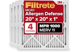 3M Filtrete 20x20x1 AC Furnace Air Filter, MERV 11, MPR 1000, Micro Allergen Defense, 3-Month Pleated 1-Inch Electrostatic Air Cleaning Filter, 4 Pack (Actual Size 19.69 x 19.69 x 0.81 in)