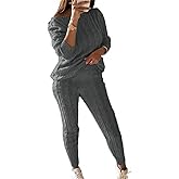 Lucuna Women's 2025 Fall Sweater Set 2 Piece Outfits Cable Knit Chunky Crew Neck Pullover Top Pants Loungewear