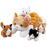 WEWILL 15'' Cat with Kittens Stuffed Animals, Mommy Plush Toy with 4 Baby Kittens, Cute Surprise for Imaginative Play, Cozy Magical Pillow Plushie for Girls, for Kids and Cat Lovers