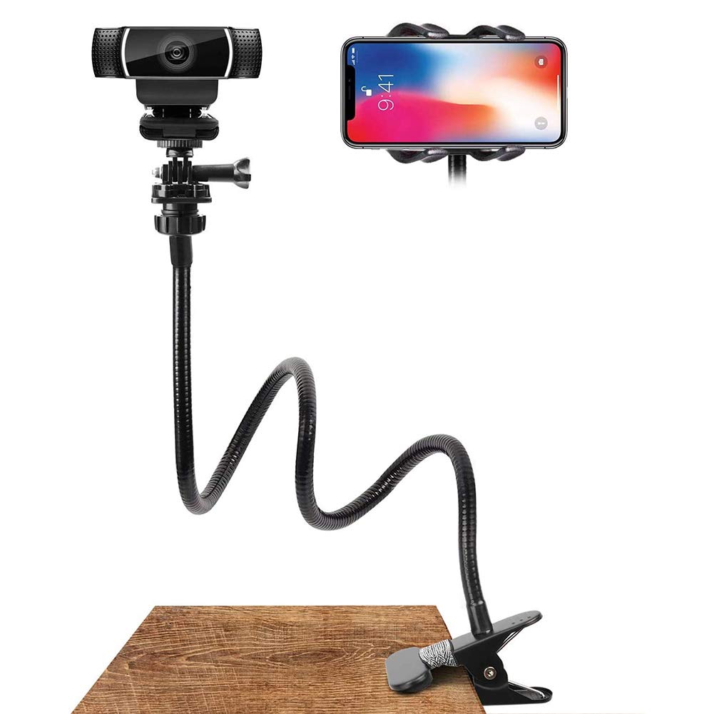 Yeglg Webcam Mount Phone Holder, Flexible Adjustable Gooseneck Desktop Webcam Stand Holder, Camera Desk Clamp Mount Universal 1/4 Inch Screws And Phone Clips for Cell Phone