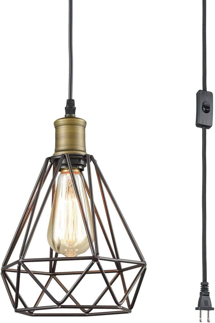 Farmhouse Plug in Pendant Light with On/Off Switch Wire Caged Hanging Pendant Lamp - - 