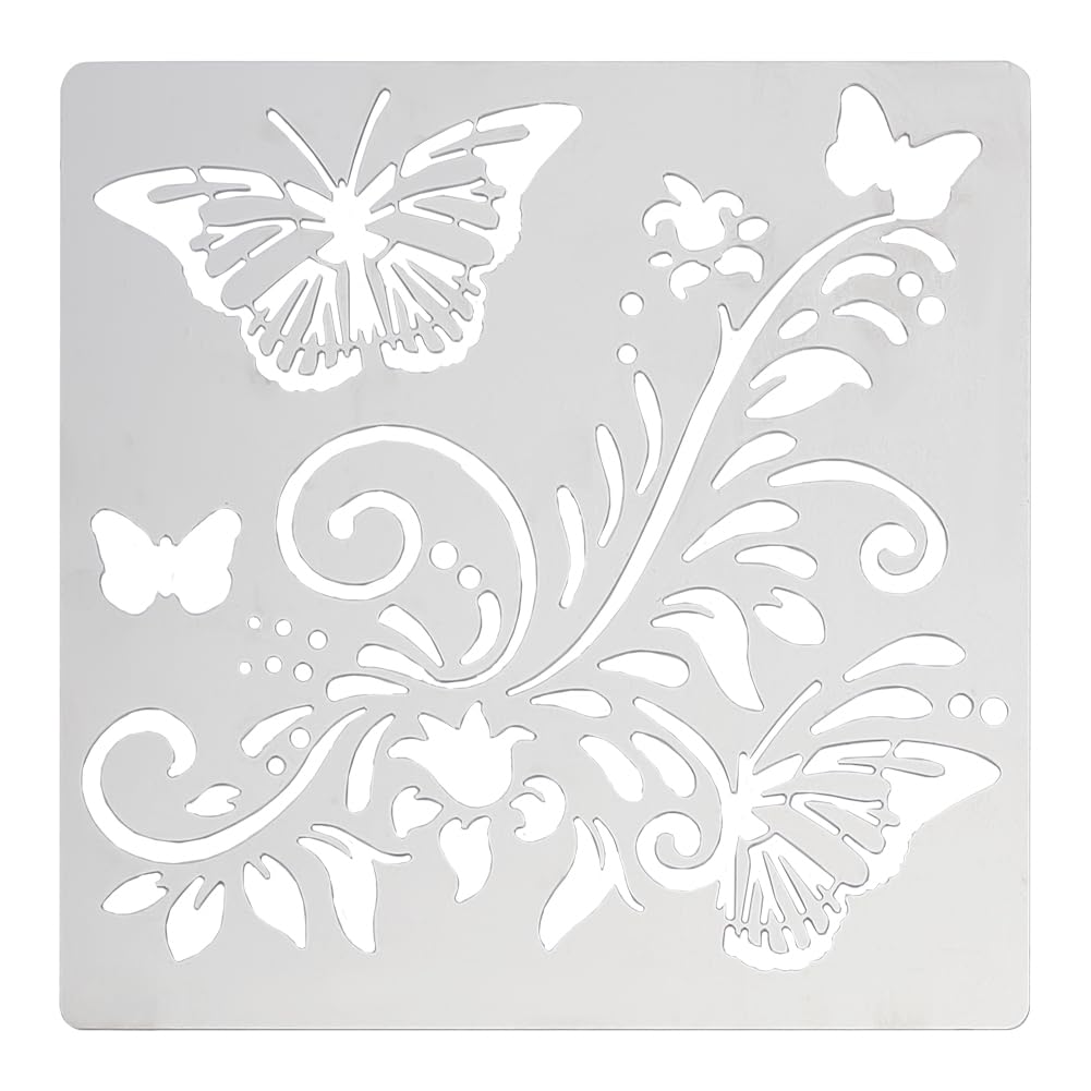 FINGERINSPIRE Butterfly Metal Stencils 16cm Square Scrapbooking Drawing Stencils Stainless Steel Flowers Pattern Painting Stencil for Crafting,Engraving, Pyrography, Journal and Wood Burning