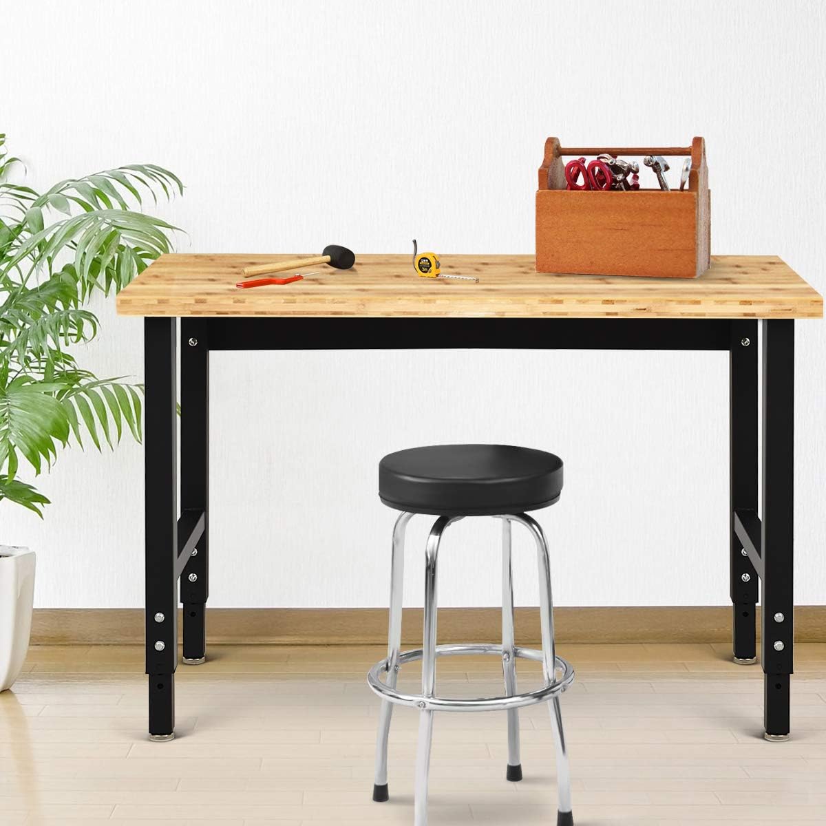 Goplus Adjustable Workbench, 48" 1500 Lbs Bamboo Top Garage Work Bench, Heavy-Duty Steel Work Table Hardwood Workstation, Easy Assembly - - 