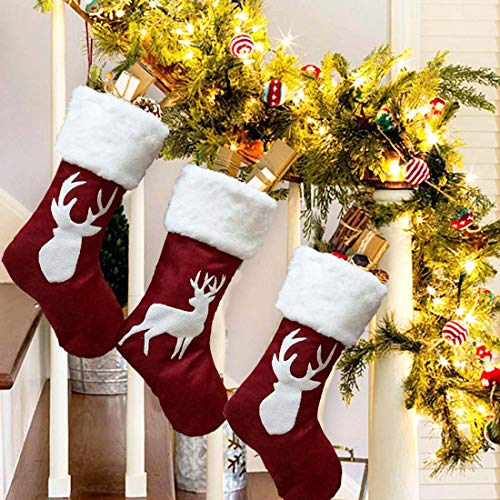 Cynno Christmas Stockings Ornaments kit, 4 Packs 18in Large Christmas Candy Stockings, Red Burlap Collage(Snowflake Fawn XmasTree) with Large Plush Cuff Stockings, for Family Holiday Xmas Party Deco