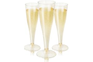 N9R Plastic Champagne Flutes - 100 Count 4.5 Oz Gold Glitter Plastic Disposable Champagne Glasses for Party Wedding Birthday Cocktail Cups