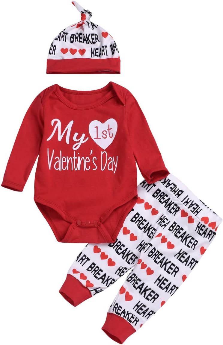citgeett 3PCS Newborn Baby Boy Girl My 1st Valentine's Day Outfit Clothes Infant Romper + Letter Pants Hat Set