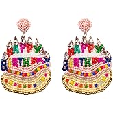 Happy Birthday Dangle Earring for Women Cute Funny Handmade Fabric Colorful Beads Letter Sparkle Cubic Zirconia Cake Drop Charm Earring Hypoallergenic Dainty Celebration Party Theme Jewelry for Friend