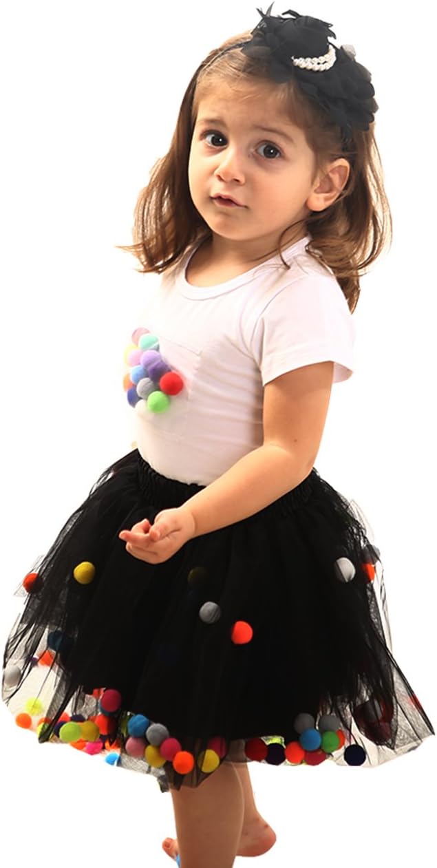 Zcaynger Girls Skirt Set Baby Girls Tutu Skirt 4-Layer Fluffy and T-Shirt with Pom Pom Puff Ball Set
