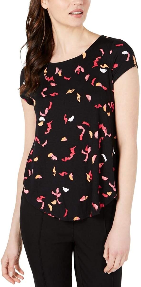 Alfani Top Scoop Neck Short Sleeves Abstract Print Black Size M at