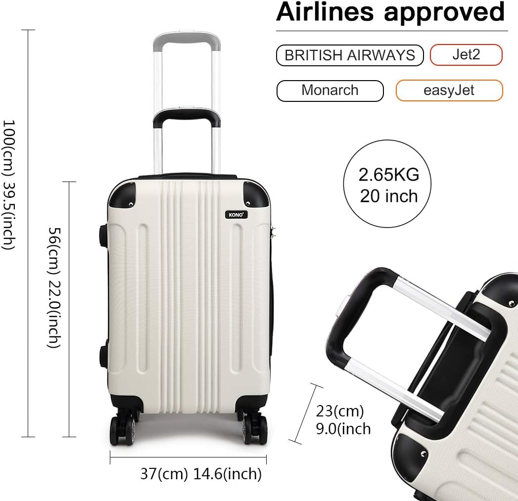 Kono 3pcs Luggage Sets Travel Trolley Case Hard Shell ABS Light Weight Suitcase with 4 Spinner Wheel Fashion Luggage for Business Holiday (White Set) - Image 4