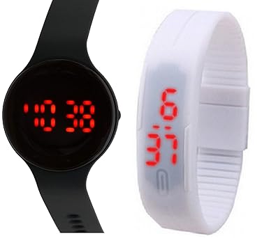 Pappi Boss - Quality Assured - Unisex Silicone Jelly Slim Black Round & White Digital Led Bracelet Band Wrist Watch for Boys, Girls, Kids.