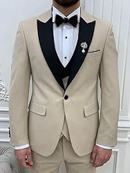 Wangyue Slim Fit Suit for Men Khaki 3 Piece Tuxedo