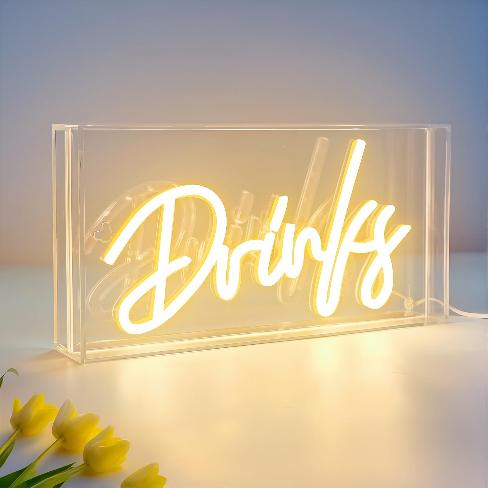 Photo 1 of Drinks Neon Sign, Drinks Signs USB LED Desk Lightbox with ON/OFF Switch, Light Up Sign for Table Decor, Home Bar, Kitchen, Club, Pub, Restaurant Wall Decor & Bar Cart Accessories (Warm White)