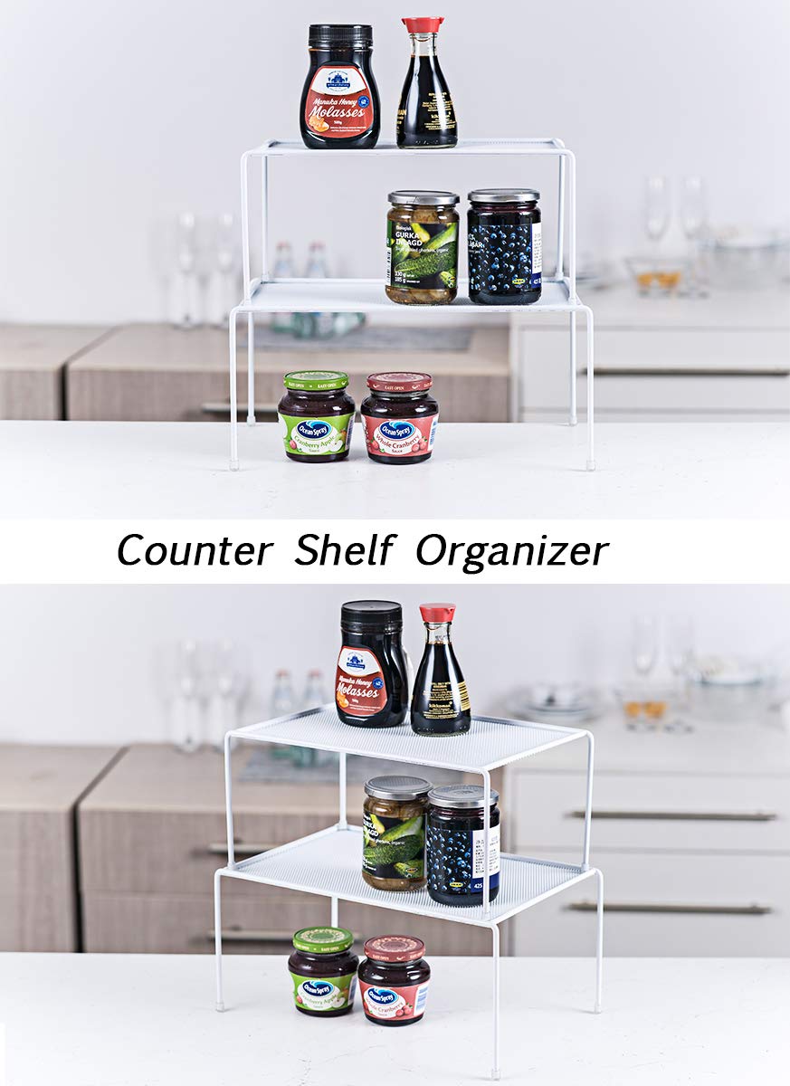 6-Piece Cabinet Storage Set: Expandable Stackable Kitchen and Counter Shelf Organizer/Metal Wire Pot and Pan Lid Rack/Over The Cabinet Storage Organizer Basket/Spice Rack Step Shelf Organizer, White