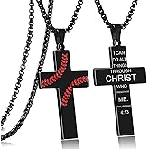 RWQIAN Baseball Cross Necklace for Men Bible Verse, Christian Religious Scriptures Faith Baptism 1st First Communion Pendant Chain for Boys, Father's Dad Day Graduation Jewelry Gifts for Him