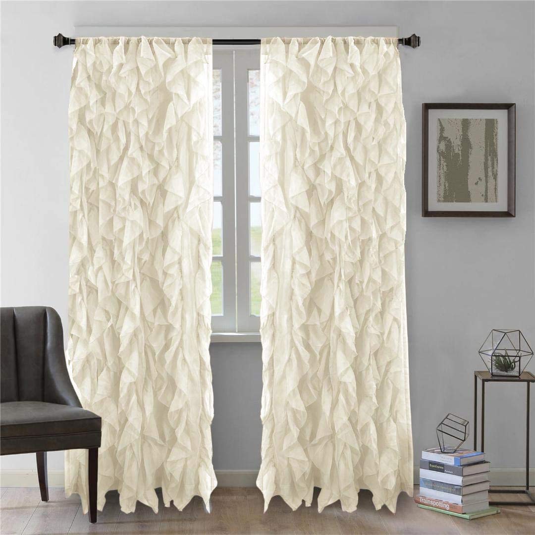 DiamondHome 2pc Cascade Shabby Chic Sheer Ruffled Curtain Panel (Beige, 84" L Panel Pair)