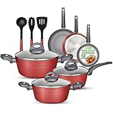 NutriChef Professional 12-Piece Red Nonstick Cookware Set - PFOA/PFOS-Free, Heat Resistant Lacquer, Elegant Design, Multi-Sized Pots and Pans
