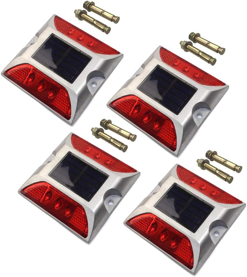 Casting Aluminum 6 LED Road Stud Light Outdoor Solar Powered Dock Pathway Road Marker Stud Lamp Weatherproof Highway Warning Traffic Security Light(4Pack,Red)