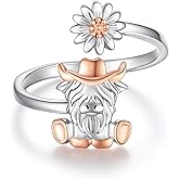BEILIN Highland Cow Ring 925 Sterling Silver Adjustable Cute Animal Open Rings Cow Jewelry Gift for Women, white