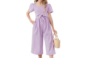 KIMODA Girls Casual Jumpsuits Kids Short Sleeve Bowknot Romper Pants with Pockets One Piece Summer Outfits for Girls 6-13 Years