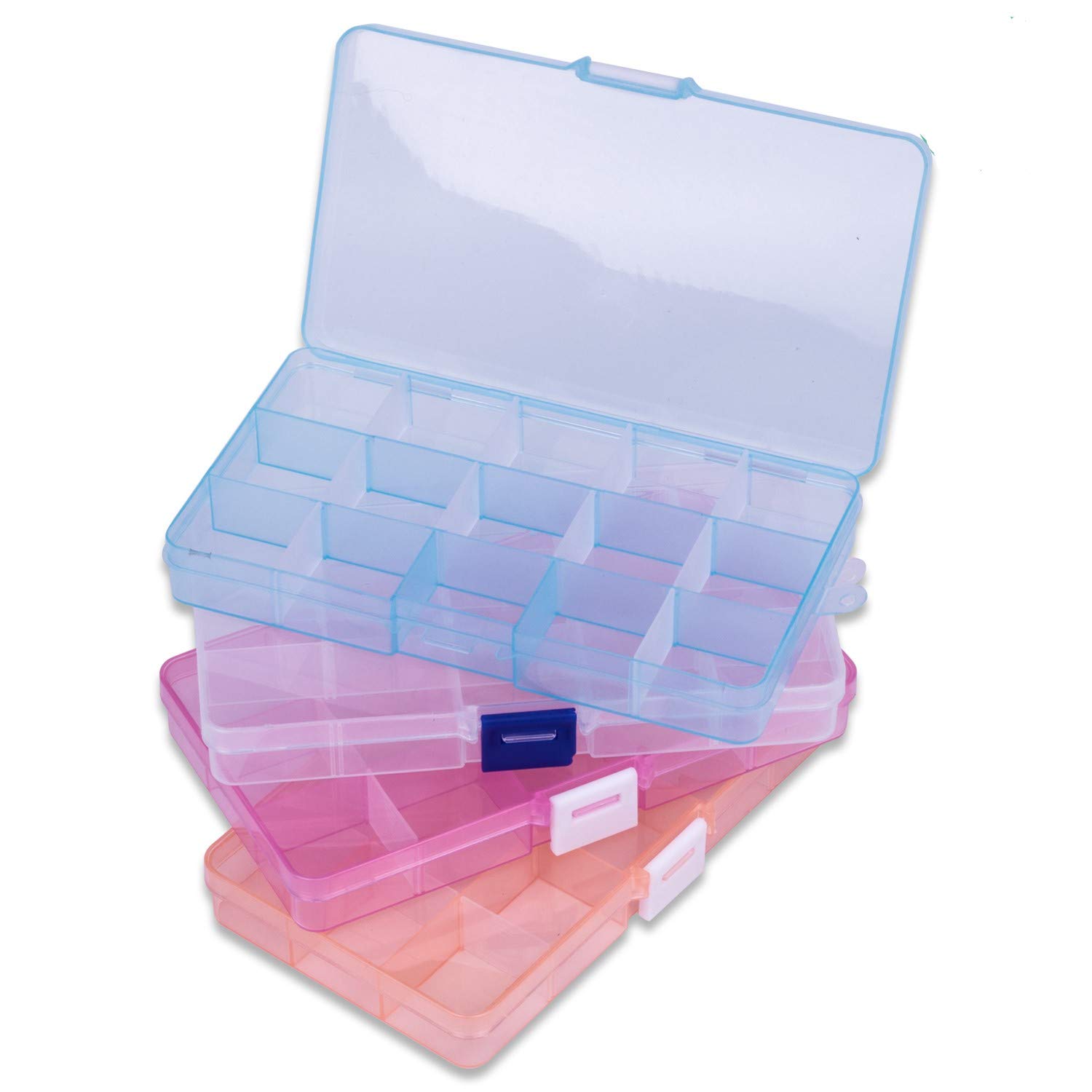 LIVEGREEN 4 Pack Jewellery Organiser,15 Grids Plastic Storage Box Jewellery Box Clear Plastic earring organiser jewellery storage boxes (4 Colors)