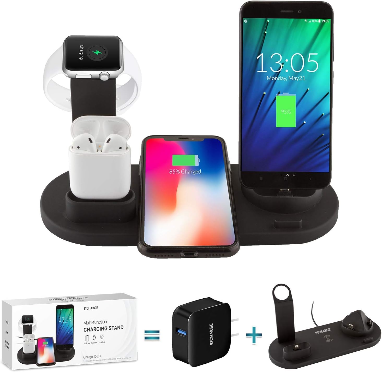 BTCHARGE Wireless Charger Dock – 4-in-1 Multiple Device Fast Charging Station – Qi Fast Wireless Charging Stand Compatible iPhone 11, 11 Pro, X, XS, XR, XS Max, 8, 8 Plus, Samsung