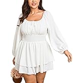 SCOMCHIC Women Plus Size Romper Dress Short Jumpsuit Square Neck Long Sleeve Fall High Waist Ruffle Mini Boho Jumpsuits