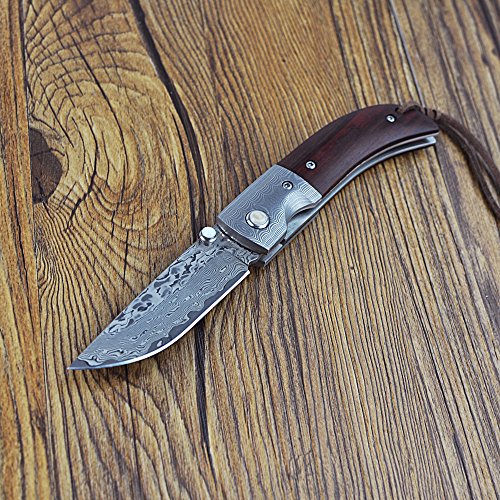 KUBEY Hunting Folding Knife Damascus Steel Blade Thumb Open Gentlemans Pocket Knife for Outdoor Camping Tactical Survival Tool(#DM051-Rosewood Handle) - Thumbnail 2