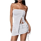 GORGLITTER Women's Two Piece Set Summer Drawstring Split Going Out Set Strapless Tube Top & Ruched Mini Skirt Set Outfit