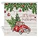 Merry Christmas Shower Curtains, Colorful Christmas Balls with Pine Fir Tree, Polyester Fabric Red Retro Truck Car with Snowflake Xmas Tree on Rustic Wood Shower Curtain, Bathroom Accessory Sets, 70in