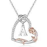 Iefil Rose Heart Necklace Gifts for Her- 925 Sterling Silver Heart Initial Necklaces, Anniversary Birthday Gifts for Women, Jewelry Gift for Wife Girlfriend Mom Daughter Her