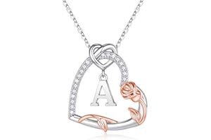 Iefil Rose Heart Necklaces Gifts for Women - 925 Sterling Silver Heart Initial Necklaces, Anniversary Birthday Gifts, Women Jewelry Gifts for Wife Girlfriend Mom Daughter Her