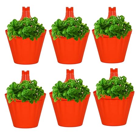 Meded Garden Essential Plastic Balcony Hanging Ismart Basket/Planter Pots Set (8-inch, Orange, Pack of 6)