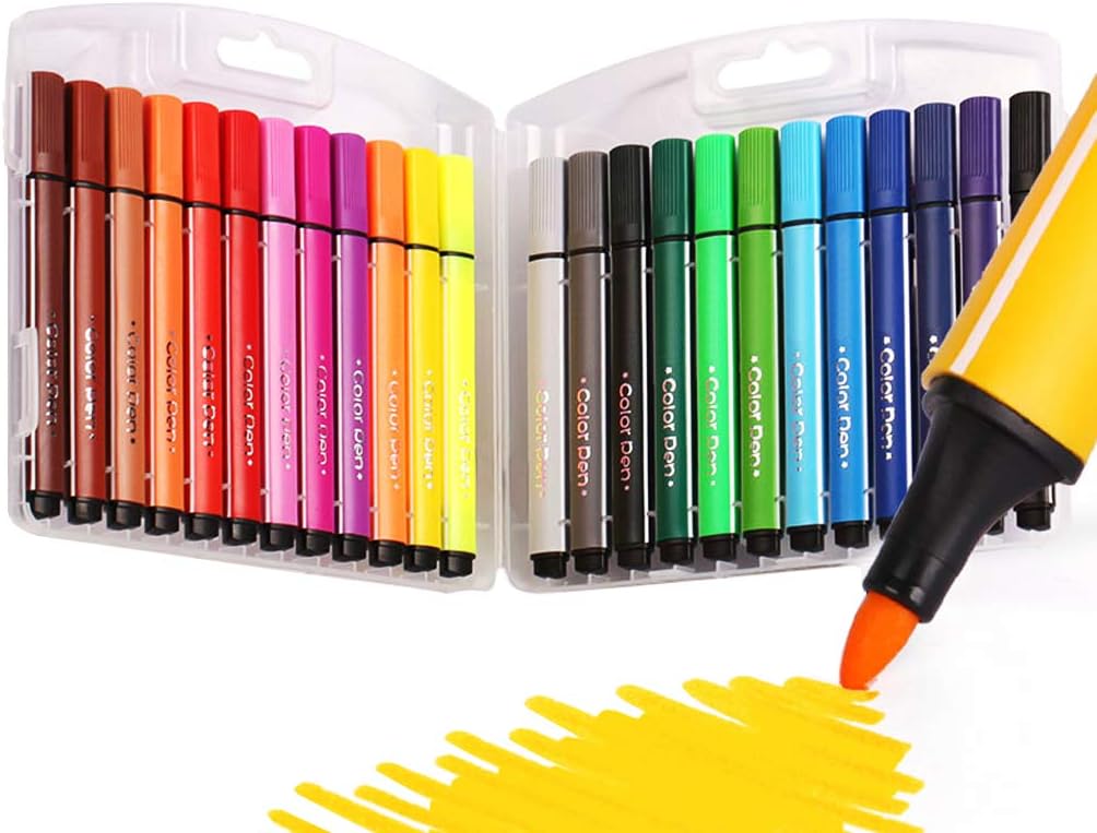 Colour Pens Washable,SAYEEC 24 Assorted Colours Eco-Friendly Non-Toxic Water Colour Fine Fibre Tipped Pen with Foldable Case - Best for Adult Colouring Books/Manga/Comic/Calligraphy/Sketching