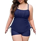 Plus Size Tankini Swimsuits with Adjustable Strings Tummy Control Two Piece Bathing Suits for Women with Board Short Swimwear