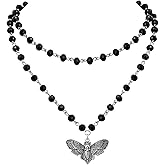 Sacina Layered Black Moth Skull Choker, Black Beaded Choker, Gothic Goth Necklace, Christmas Jewelry Gift for Women