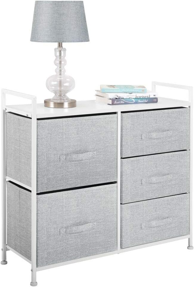 mDesign Wide Dresser Storage Tower - Sturdy Steel Frame, Wood Top, Easy Pull Fabric Bins - Organizer Unit for Bedroom, Hallway, Entryway, Closets - Textured Print, 5 Drawers - Gray/White: Home & Kitchen