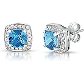 KOKAV 10K White Gold Genuine Blue Topaz Cushion 7 mm, Diamonds Studs Earrings