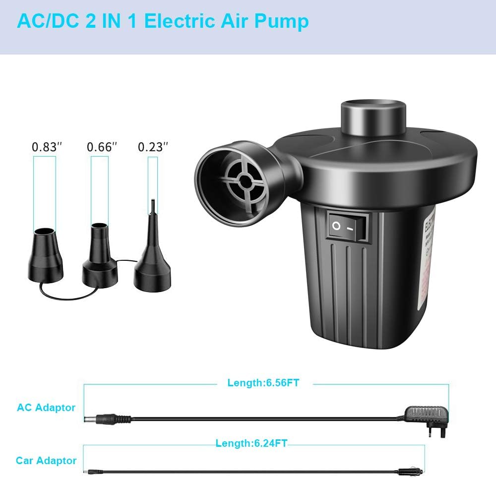 Focusky Electric Air Pump,Portable Quick-Fill Air Pump with 3 Nozzles,110V AC/12V DC, Perfect Inflator/Deflator Pumps for Pool Floats,Kayak, Inflatable Cushions, Air Mattress Beds, Swimming Ring: Sports & Outdoors