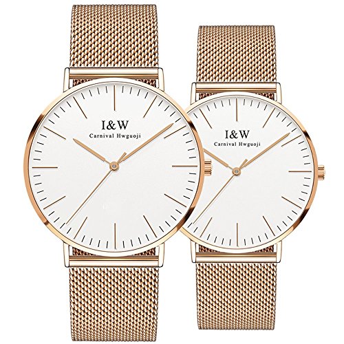 Couple Watches Quartz Simple Extra Flat Milanese Stainless Steel Mesh Band for Her or His Set of 2 (Rose Gold-White)