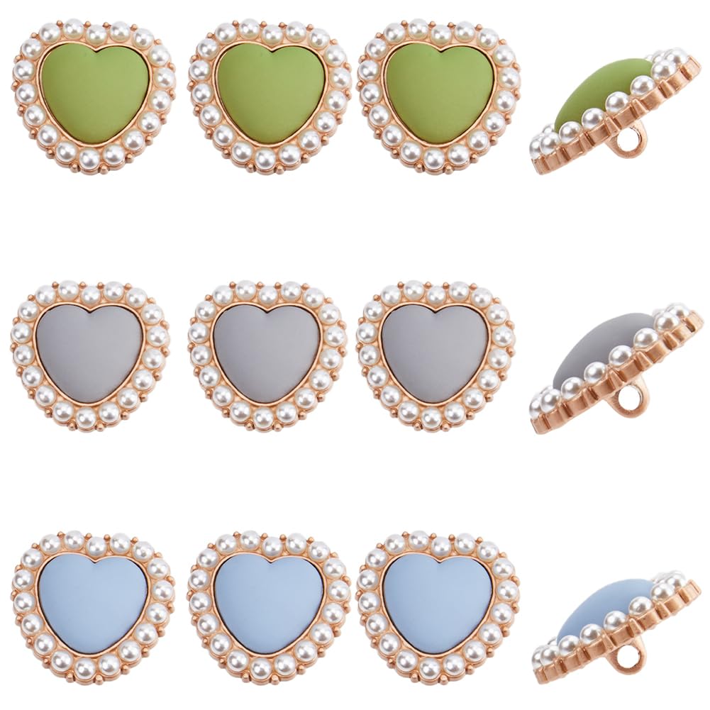 GORGECRAFT 1 Box 15Pcs 3 Colors Metal Women's Love Button Pearl Peach Heart Button Sweater Cardigan Decorative Buckle Round Green Gray Blue for Women Coat Clothes Sewing Art Crafts 21.5x22.5mm