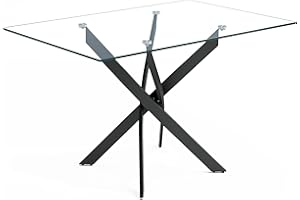 NIERN Tempered Glass Dining Table with Black Metal Legs, 47" Modern Rectangular Kitchen Table for Dining Room Kitchen,Black