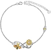 Bee Sunflower Infinity Bracelet 925 Sterling Silver Unique dainty Bracelet for women, Mother’s Day Birthday Gifts for Daughter Sister