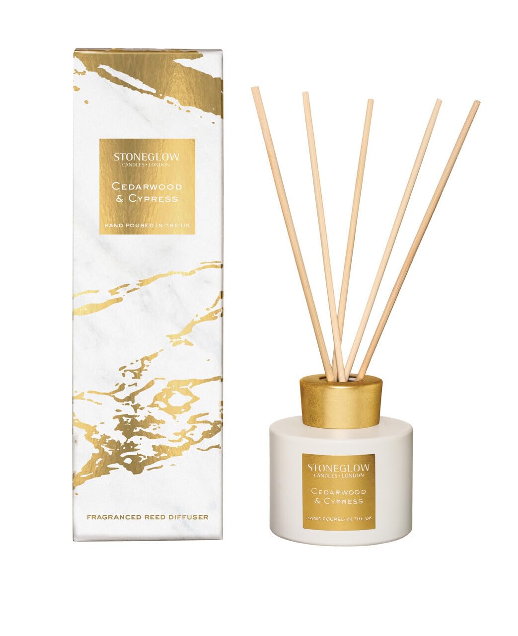 Stoneglow Luna Collection Cedarwood & Cypress Scented Reed Diffuser 120ml – Herbal Fennel, Sage, Eucalyptus & Lavender Scents, Lasts 10 Weeks, 12 Rattan Reed Diffuser Sticks, Refillable Home Fragrance