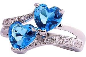 Emsione Vintage 925 Sterling Silver Plated Halo CZ Double Heart Created Blue&White Topaz Love Wedding Promise Ring
