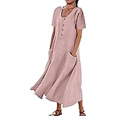 AUDATE Women's Plus Size Short Sleeve Casual Cotton Linen Long Dress Crew Neck Button Summer Beach Maxi Dress