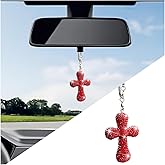 Norkmdi Bling Car Hanging Ornament, Double-Sided Cross Crystal Rhinestone Vehicle Rear View Mirror Charm, Cute Diamond Rearview Mirror Pendant, Universal Auto Interior Accessories (Red)