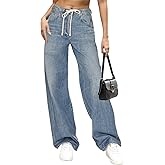 Allimy Womens Drawstring High Waist Wide Leg Jeans Straight Leg Washed Denim Jeans Pants
