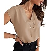Lynwitkui Women's V Neck Chiffon Blouses Cap Sleeve Shirts Casual Loose Work Office Solid Tops